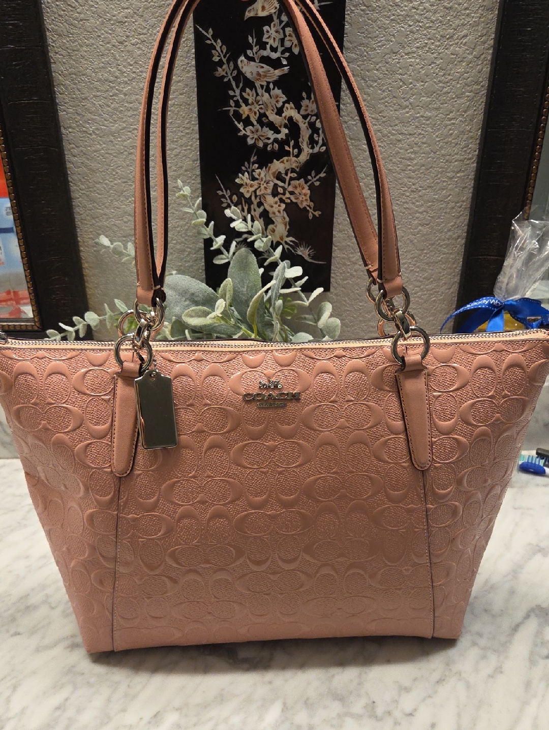 Coach 2018 Dusty Pink Embossed Signature Leather Tote